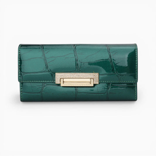 Portefeuille femme en cuir vert avec fermeture dorée élégante