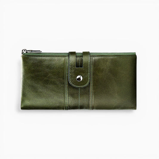 Portefeuille cuir vert femme avec fermeture bouton pression et zip