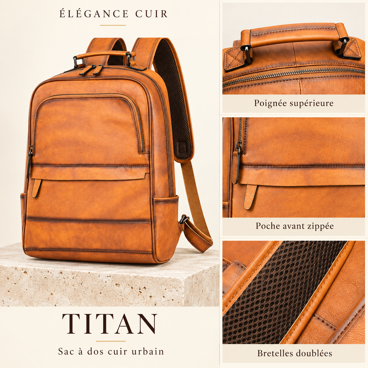 Titan — vue de face et détails de la poignée supérieure, de la poche avant zippée et des bretelles doublées — Élégance Cuir