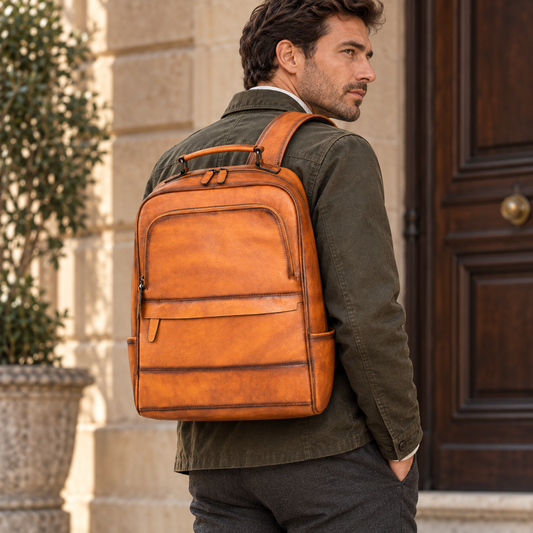 Sac à dos Titan en cuir caramel porté par un homme avec une veste kaki — Élégance Cuir