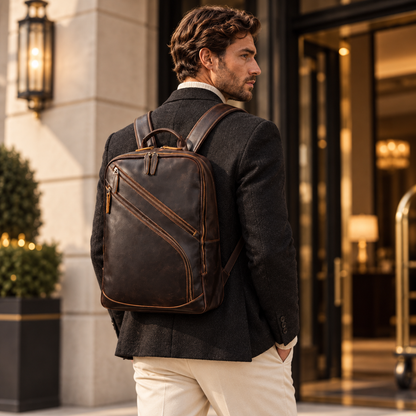 Sac à dos homme L’Empreinte en cuir brun porté avec une veste noire — Élégance Cuir