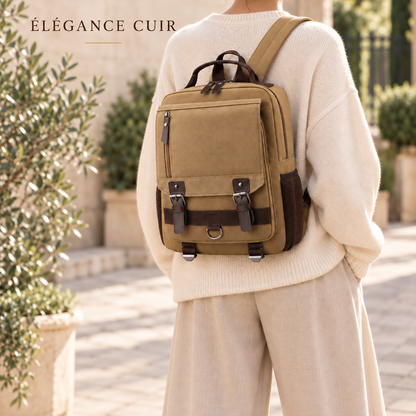 Sac à dos Aventure en toile camel porté par une femme, univers Élégance Cuir