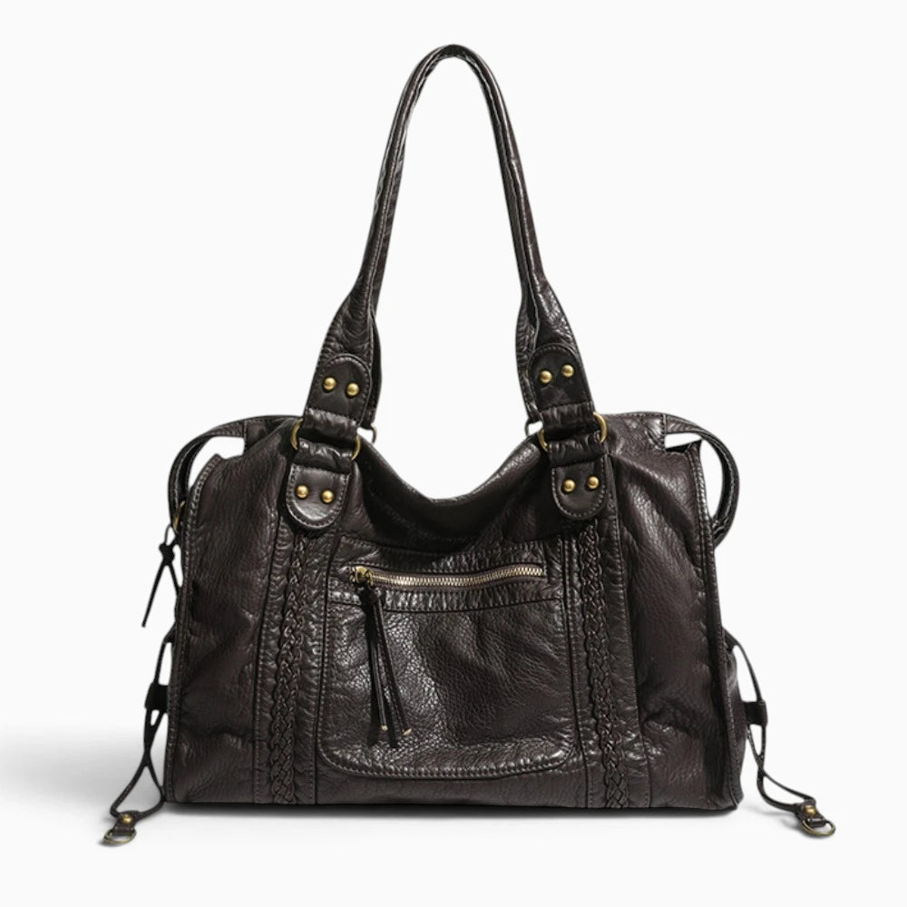 Grand sac à main vintage à bandoulière Élégance Cuir, sac cabas brun pour cours, en cuir élégant et spacieux.
