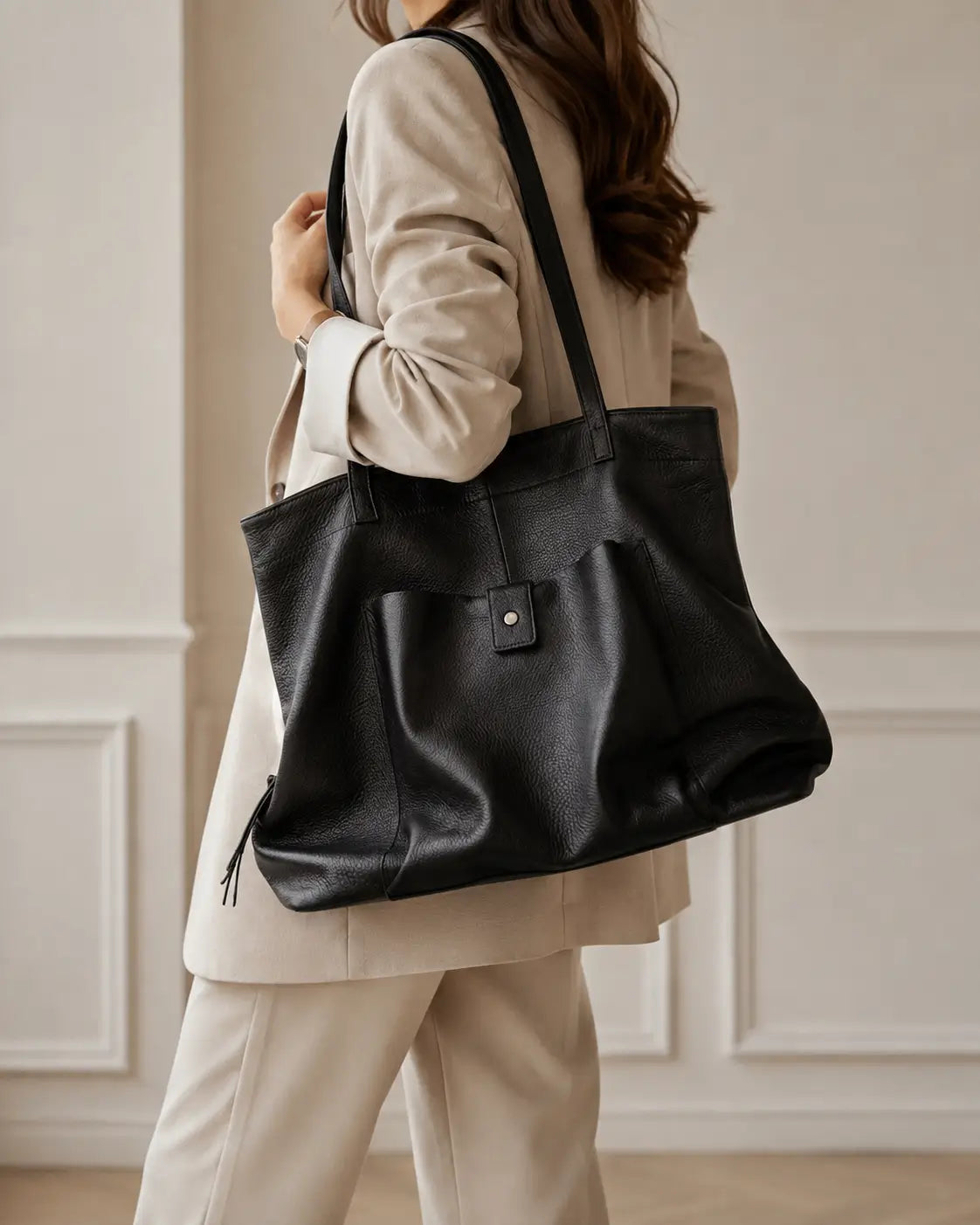 Sac cabas noir en cuir Élégance Cuir, grande capacité, style bibliothèque, idéal pour transporter des essentiels avec élégance.