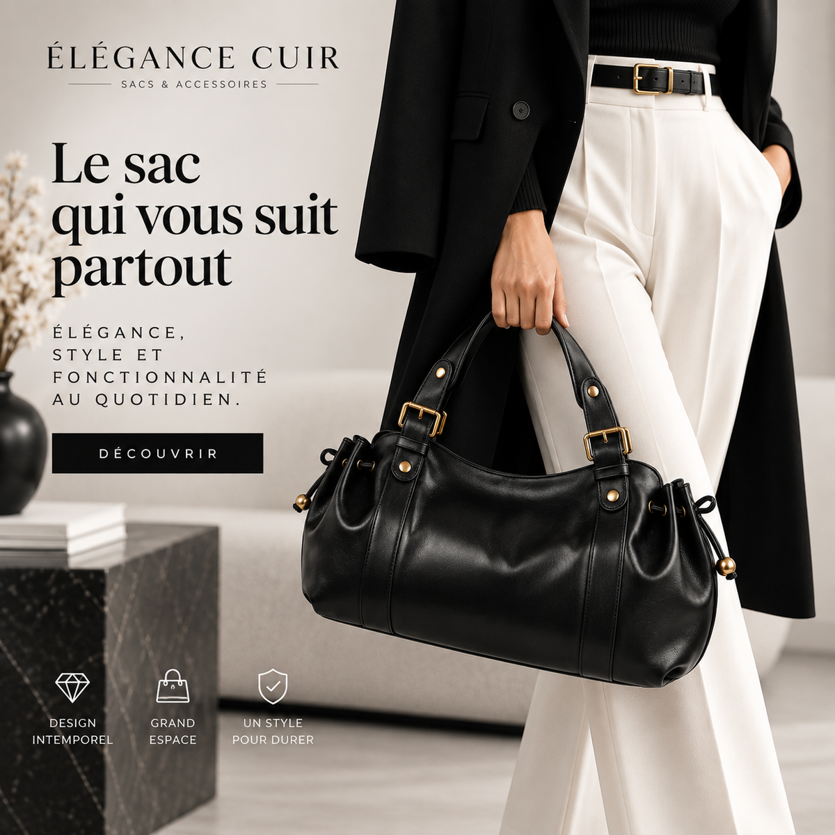 Sac à main vintage Élégance Cuir Noemi en cuir souple, vue de face avec détails élégants et bandoulière ajustable.