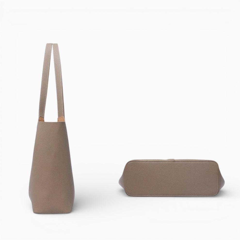 Grand sac cabas en cuir gris pour femme modèle Toulouse de la marque Élégance Cuir, vu de côté avec détails.