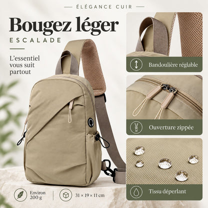 Détails Escalade : bandoulière réglable, ouverture zippée, tissu déperlant et dimensions