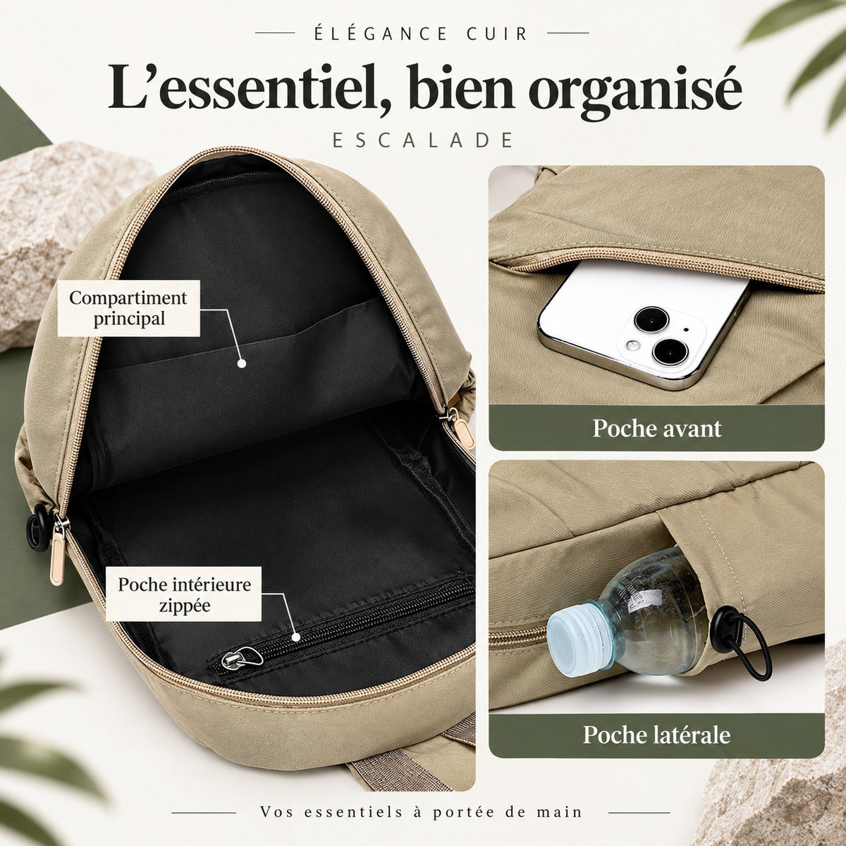 Intérieur noir de la sacoche Escalade avec poche zippée, poche avant et poche latérale