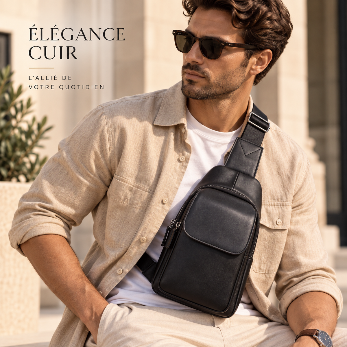 Sacoche homme en cuir véritable noir, bandoulière élégante, de la marque Élégance Cuir, pour un style sophistiqué.