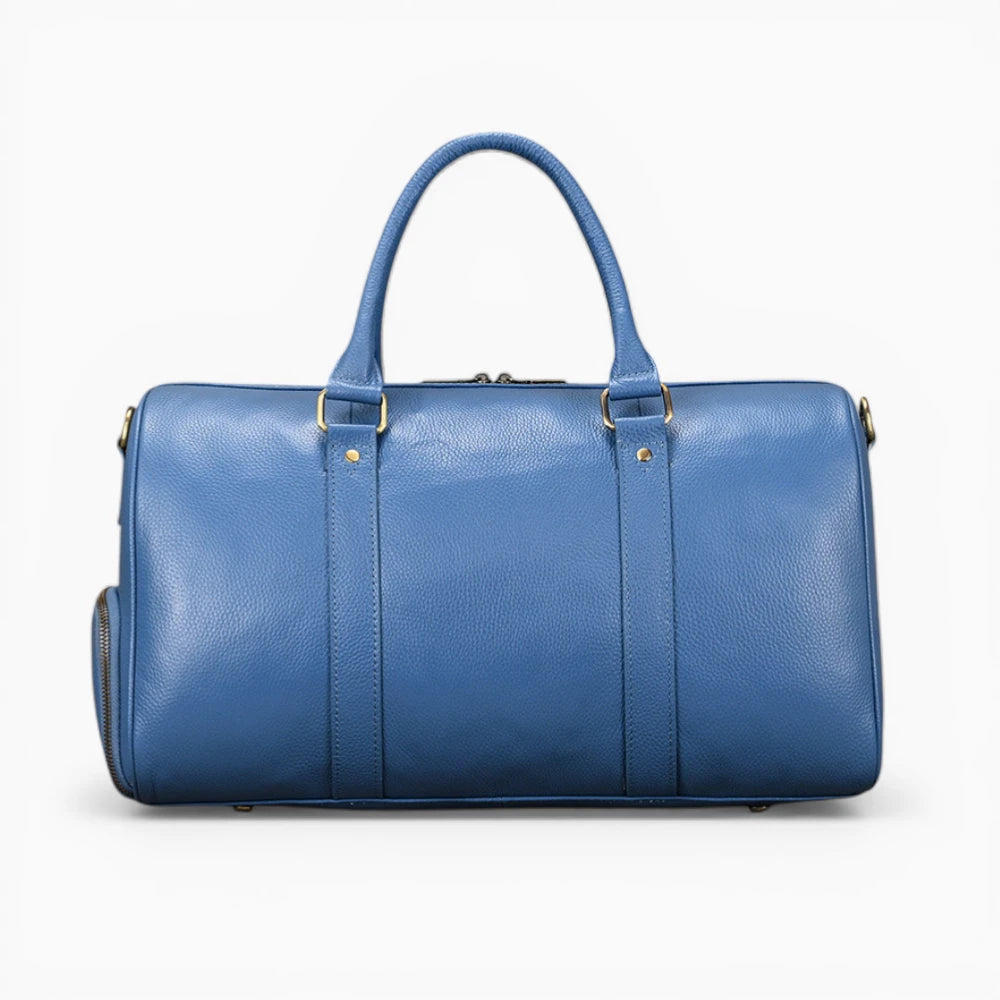 Sac de voyage en cuir bleu vue de dos avec poignées