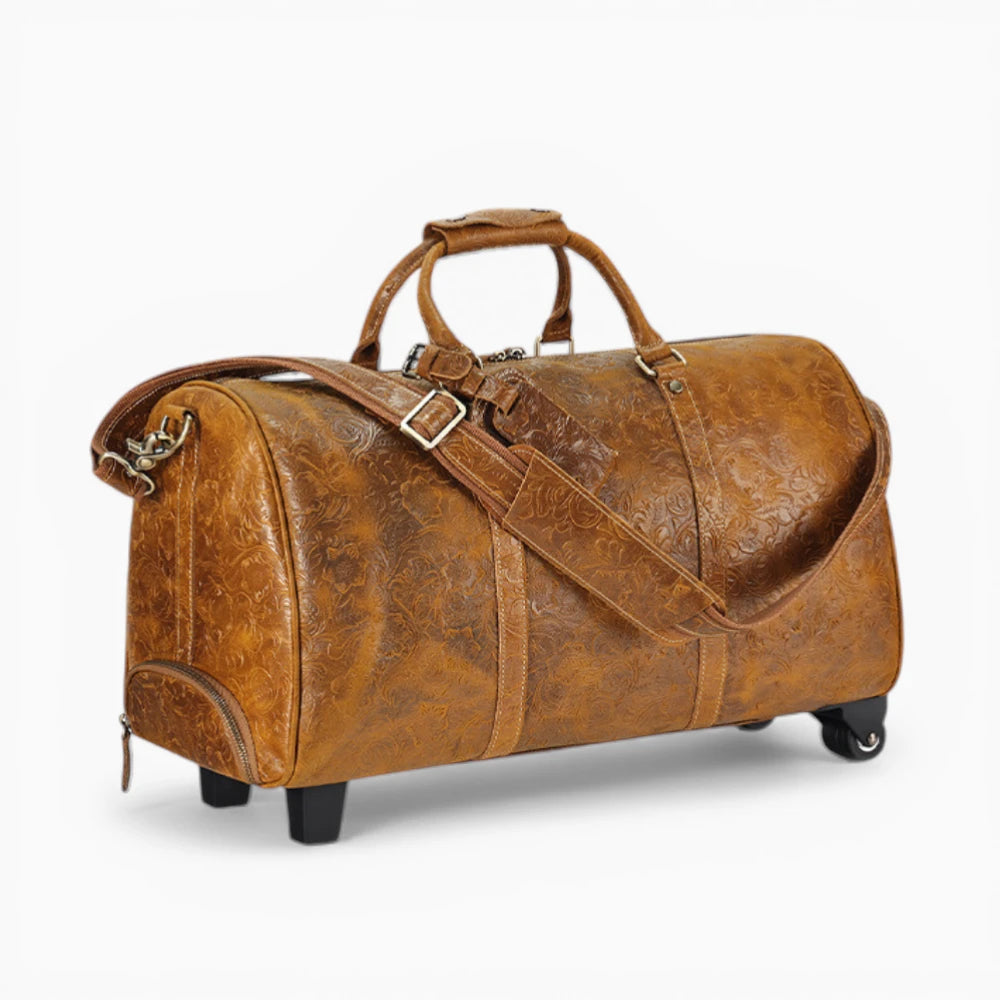 Sac de voyage en cuir marron avec roulettes vue en angle