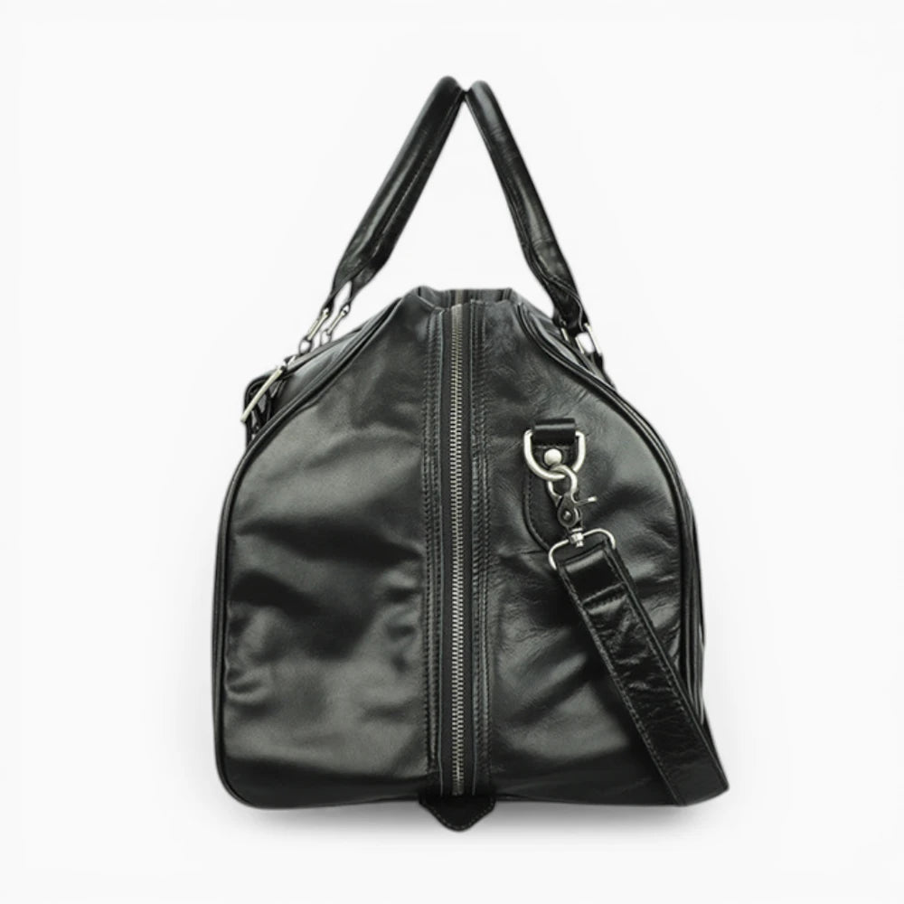 Sac de voyage en cuir noir vue de côté avec bandoulière