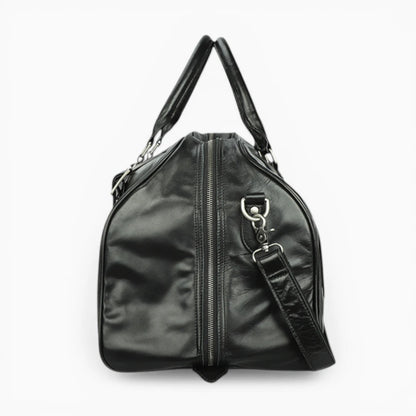 Sac de voyage en cuir noir vue de côté avec bandoulière