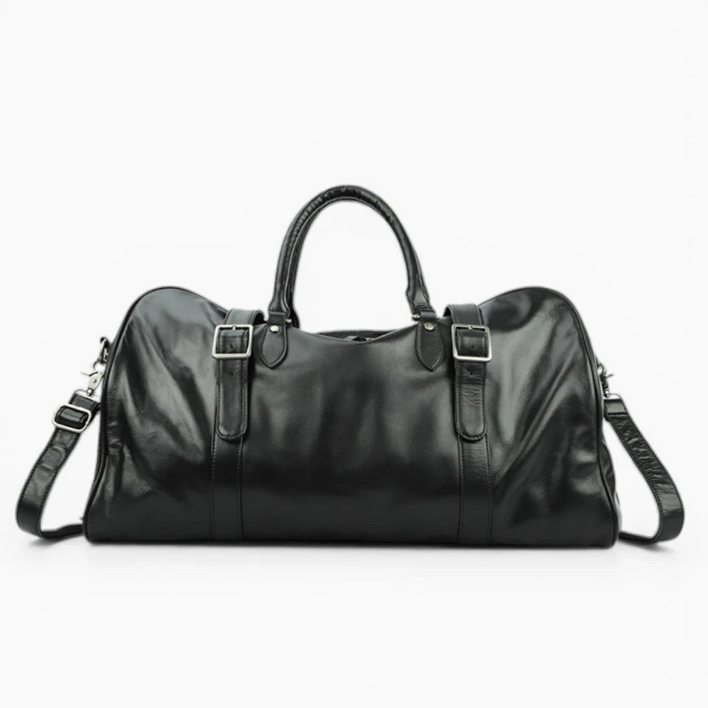 Sac de voyage en cuir noir vue de face avec bandoulière