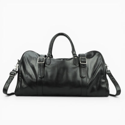 Sac de voyage en cuir noir vue de face avec bandoulière