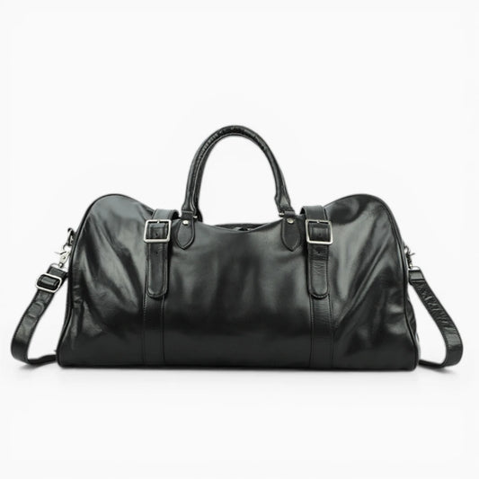 Sac de voyage en cuir noir vue de face avec bandoulière