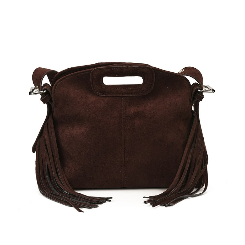 Sac à main Solène à franges en daim végan café, vue de face