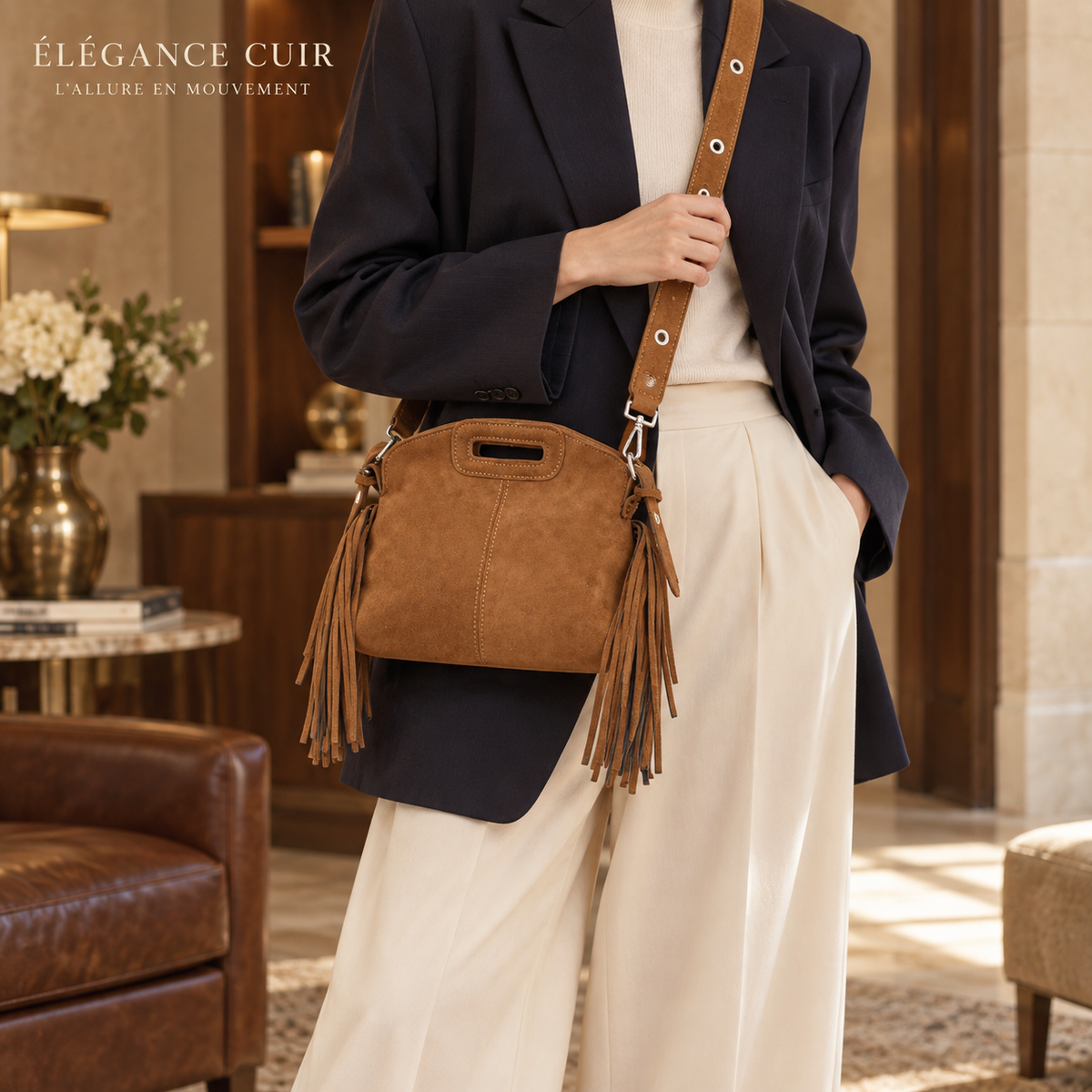 Sac Solène camel en daim végan à franges porté en bandoulière dans un intérieur élégant